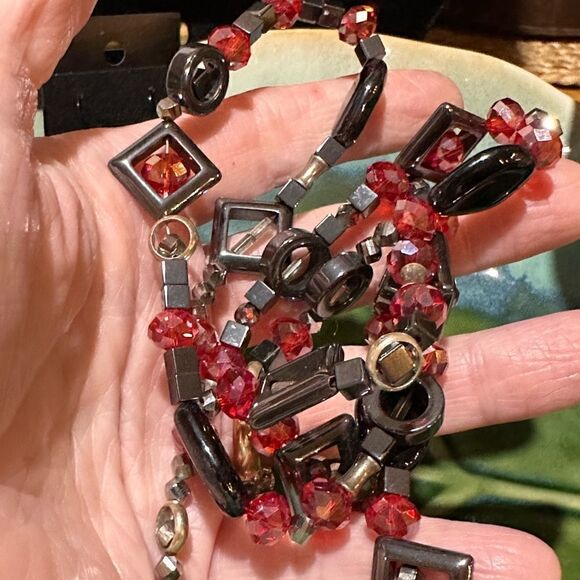 Handcrafted Red Furnace Glass & Genuine Hematite Beaded Necklace + Earrings - Picture 4 of 4